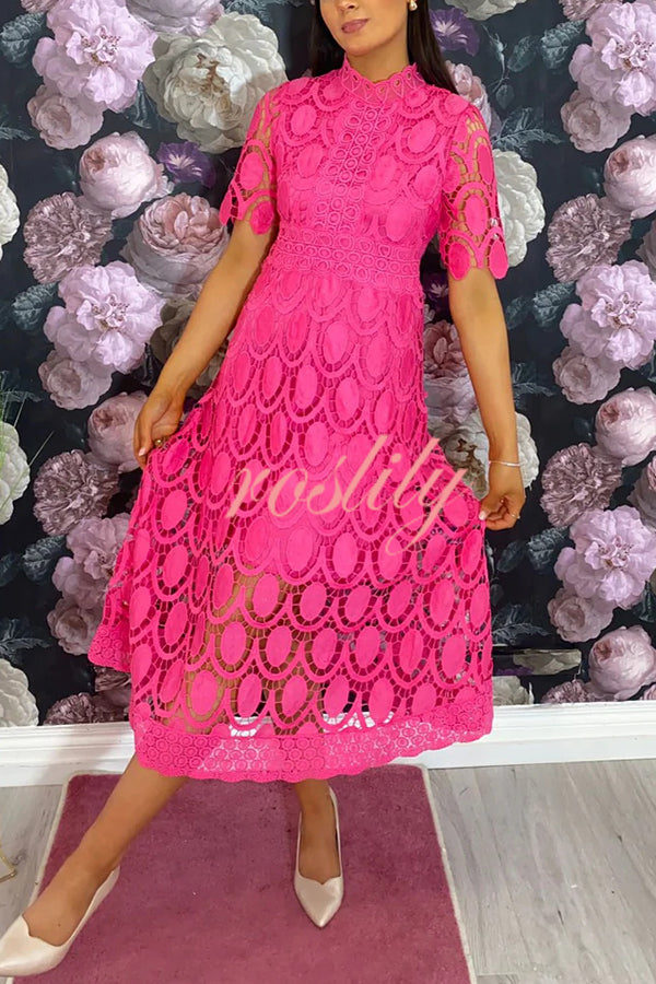 Elegant Crocheted Cutout Lace Short-sleeved Stand-collar Midi Dress