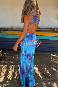 La Bamba Tie-dye Print Back Lace-up Stretch Maxi Dress