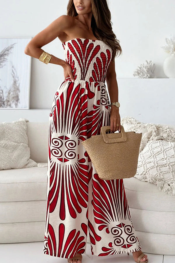 Unique Printed Off-shoulder Pleated Casual Wide-leg Jumpsuit