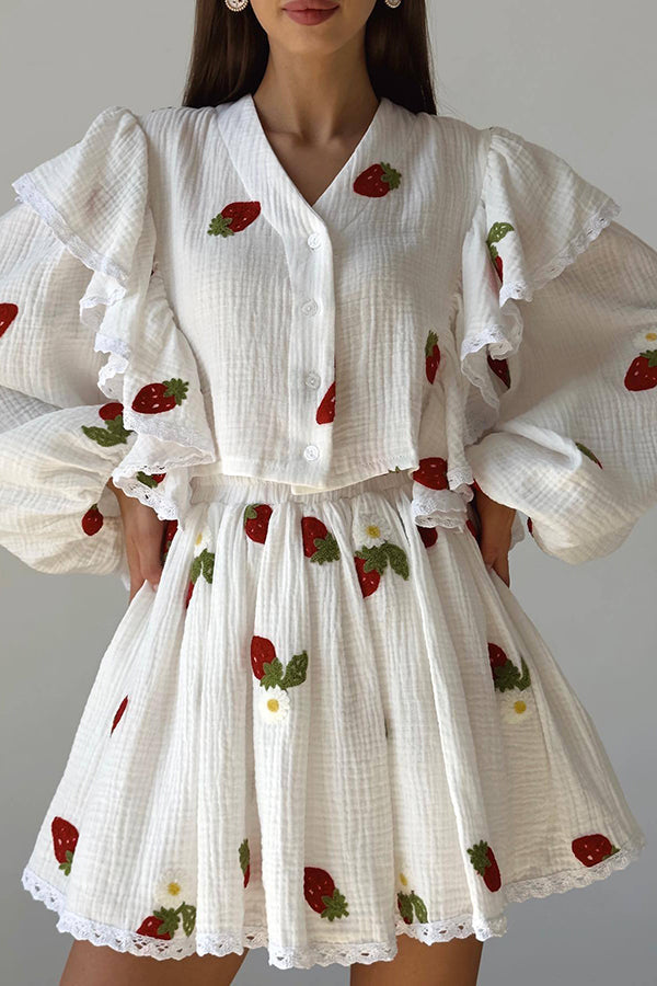 Ranier Cotton Linen Blend Strawberry Print Ruffle Blouse and Elastic Waist Mini Skirt Set