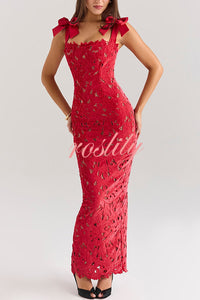 Holiday Intimacy Embroidered Floral Lace Bow Shoulder Straps Slit Maxi Dress