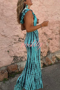 Pietra Tie Dye Print Scoop Neck Backless Hooded Stretch Maxi Dress