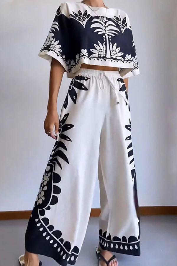 Exotic Holiday Ethnic Print Loose Top and Elastic Waist Wide Leg Pants Set