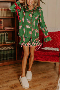 Christmas Dreaming Satin Nutcrackers Print Velvet Trim Elastic Waist Pocketed Pajama Shorts Set