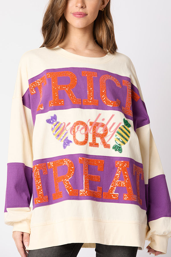 Halloween Letter Sequined Color Block Loose Casual Sweatshirt