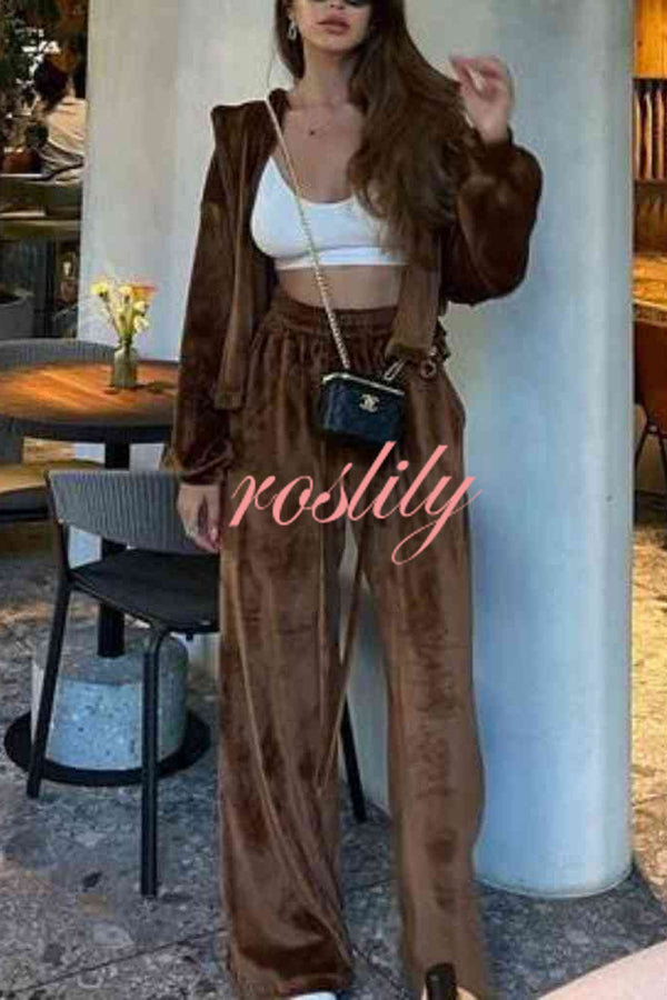 Velvet Casual Zip-up Hooded Top and Elastic Waist Wide Leg Pants Set