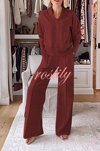 Weather Gets Cold Solid Color V-neck Top and Elastic Waist Pocketed Lounge Pants Set