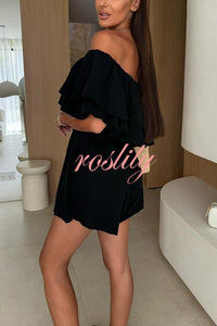 Solid Color Off-shoulder Ruffled Casual Waist Rompers