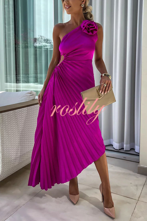 Romantic Nights Satin Raised Flower Elastic Cutout One Shoulder Pleated Maxi Dress