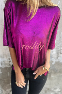 Metallic Solid Color Round Neck Short-sleeved Loose T-shirt