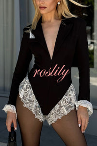 Full of Design Lace Trim Long Sleeve Lapel Blazer Romper