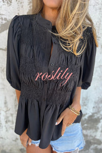 Solid Color Round Neck Button Pleated Short Sleeve Casual Shirt
