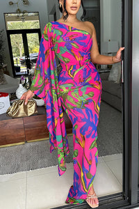 Colorful Printed One-sleeve Slim-fitting Slit Maxi Dress