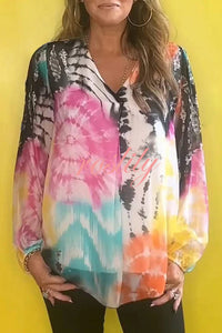 Fashionable Gradient Tie-dye V-neck Long-sleeved Casual Shirt