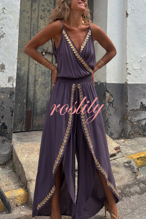 Tamia Gold Trim Elastic Waist Slit Wide Leg Slip Jumpsuit