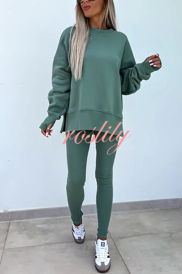 Solid Color Loose Long Sleeve SlitSweatshirt and Elastic Waist Tight Pants Set