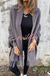 Warm Corner Knit Plush Tassel Trim Relaxed Shawl Cardigan