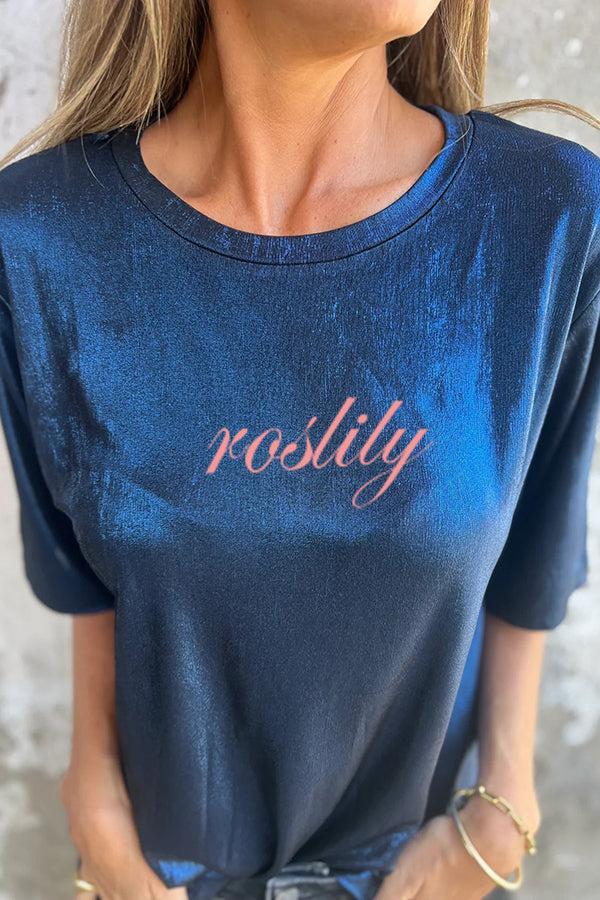 Metallic Solid Color Round Neck Short-sleeved Loose T-shirt