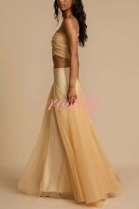 Romance Factor Satin Patchwork Tulle High Rise Elastic Waist A-line Maxi Skirt