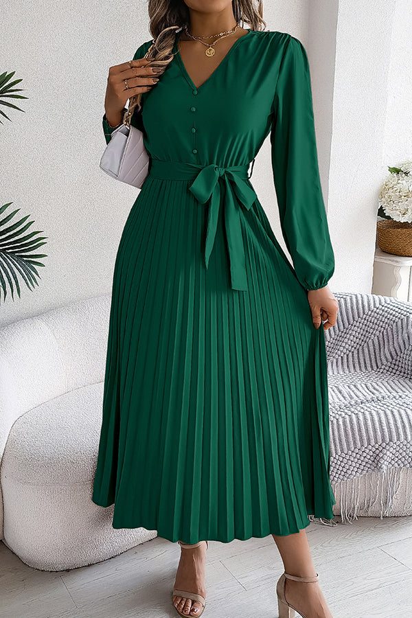 Solid Color Elegant V-neck Buttoned Lace-up Pleated Maxi Dress