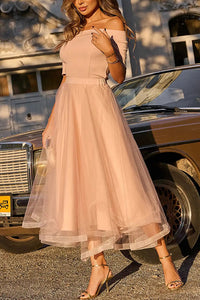 Talita Knit Off Shoulder Stretch Top and Tulle Elastic Waist A-line Midi Skirt Set