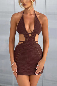 Effortlessly Cool and Sexy Knit Crochet Cutout Halter Tie-up Stretch Mini Dress