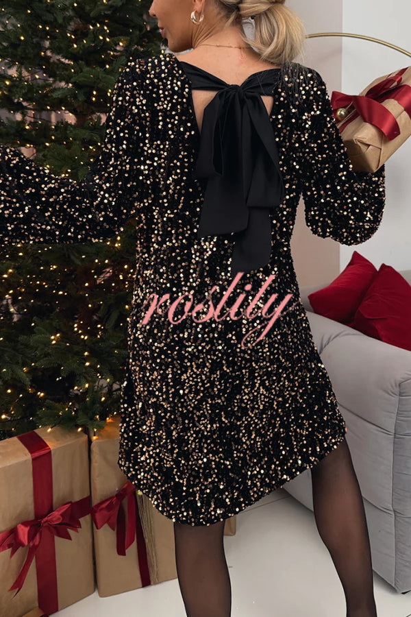 Velvet Sequin Back Bow Bell Sleeves Loose Mini Dress