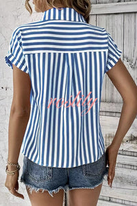 Striped Print Short Sleeve Pocket Shirt Top