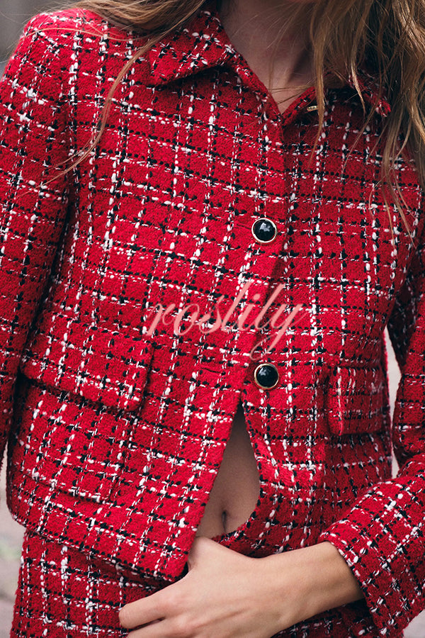 Tweed Plaid Textured Long-sleeved Casual Pocket Jacket