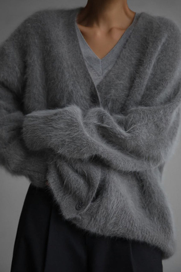 Solid Color Loose V-neck Long-sleeved Lazy Knitted Cardigan