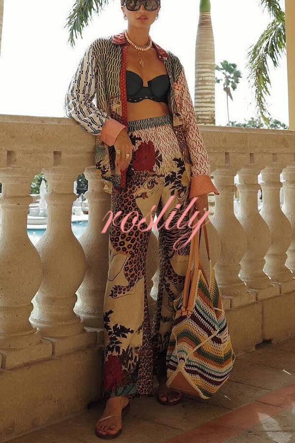 Tropical Jungle Tiger Unique Print Long Sleeve Loose Shirt and Elastic Waist Pants Set