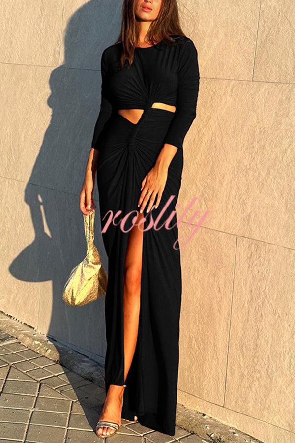 Solid Color Round Neck Long Sleeve Sexy Exposed Waist Slit Maxi Dress