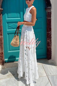 Next Trip Floral Embroidery Crochet Lace Crop Tank Top and Elastic Waist Pocket Maxi Skirt Set