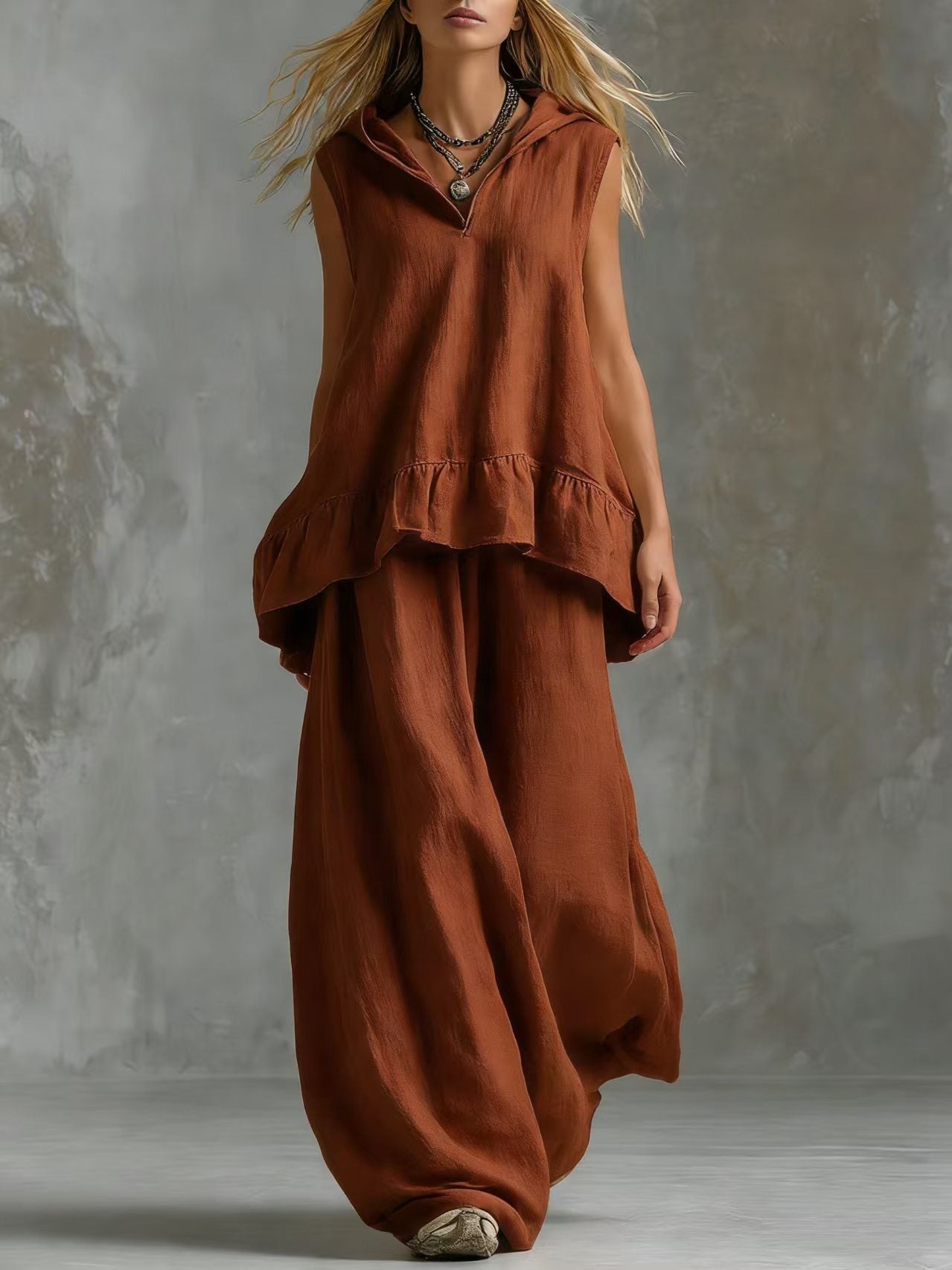 Boho Linen Hooded Two-Piece Outfit - Flowy Ruffle Top & Wide Leg Pants