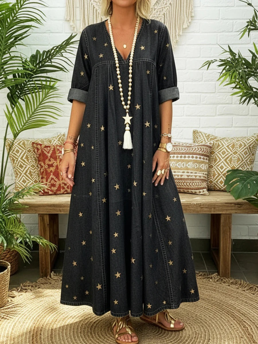 Casual Gold Star Printed Denim Dress