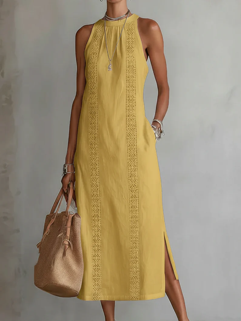 Elegant Lace Panel Sleeveless Midi Dress