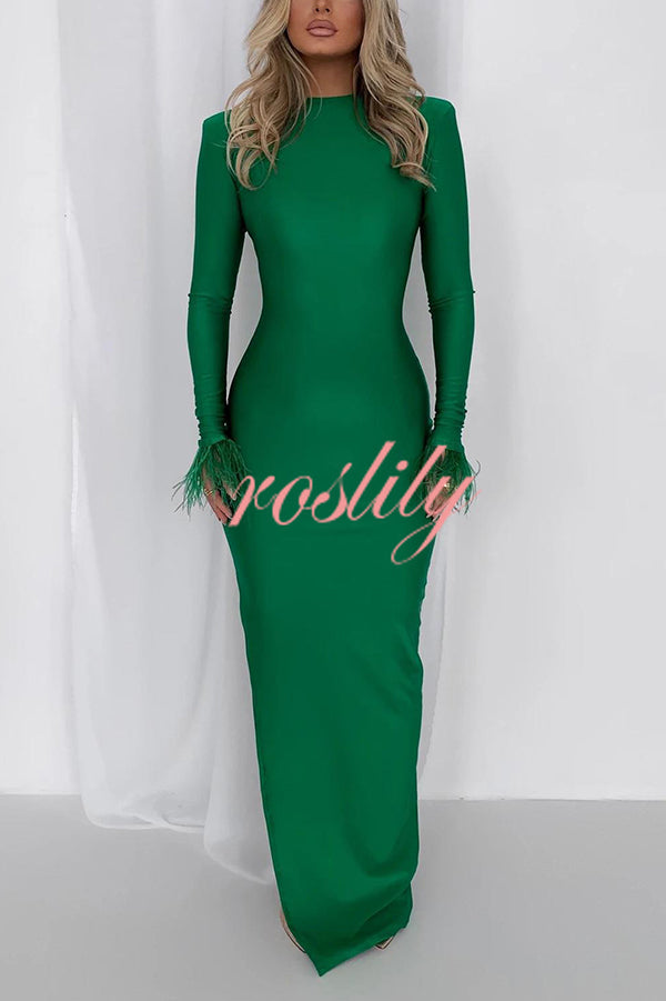 Solid Color Round Neck Ostrich Feather Long Sleeve Slim Maxi Dress