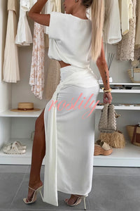 Comfortable Stylish Round Neck Sleeveless Casual Top and Elastic Waist Ruched Tie Slit Midi Skirt Set