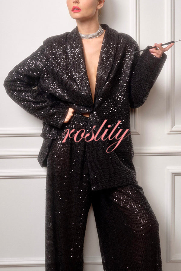 Solid Color Sequin Long Sleeve Party Blazer