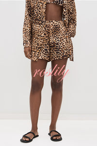 Trisha Linen Blend Leopard Print Long Sleeve Blouse and Elastic Waist Pocket Loose Shorts Set