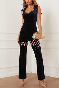 Merlot Sippin' Velvet Shoulder Tie Flare Stretch Jumpsuit