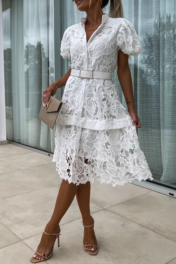 Absolutely Elegant Floral Crochet Lace Puff Sleeve Belted Shirt Midi Dress