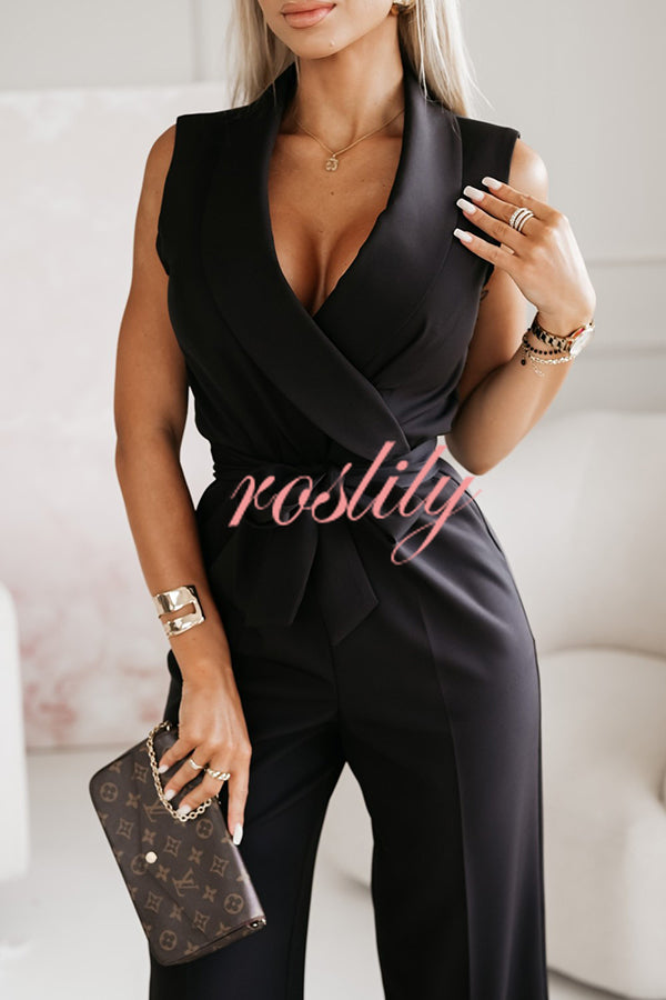 Make Your Entrance Lapel Belt Pocketed Wide Leg Formal Jumpsuit