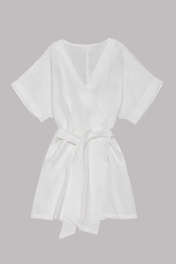 Breezy Retreat Cotton Linen Blend Pocketed Belt Kimono Mini Dress