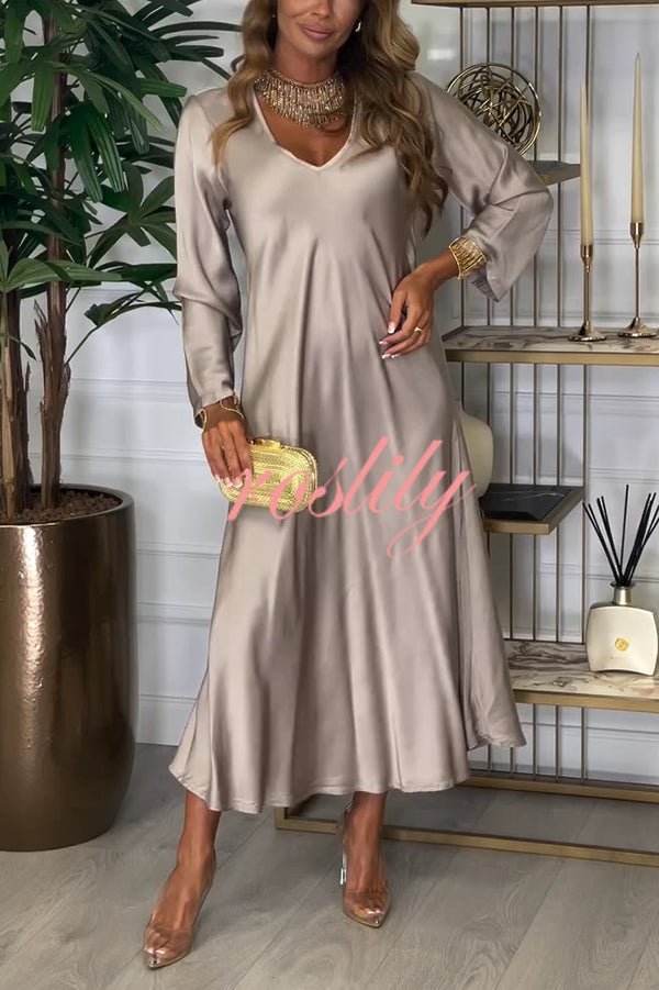 Solid Color V-neck Long-sleeved Loose Draped Maxi Dress