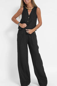 Eddie Linen Blend Button Vest and Elastic Waist Pocketed Wide Leg Pants Set