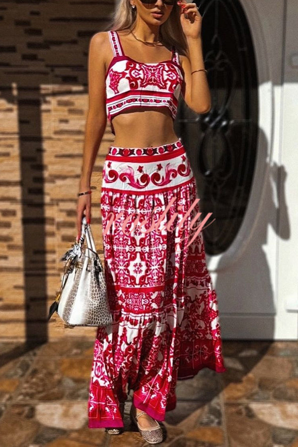 Unique Printed Sexy Sling Tank and Elastic Waist Large Hem Maxi Skirt Set