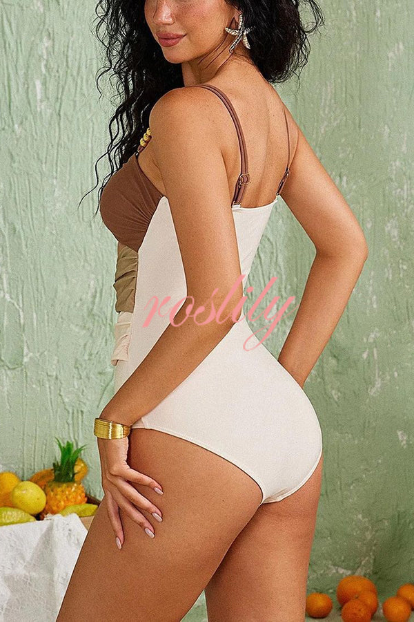 Color Block Patchwork Hollow Metal Decorative Stretch One-piece Swimsuit