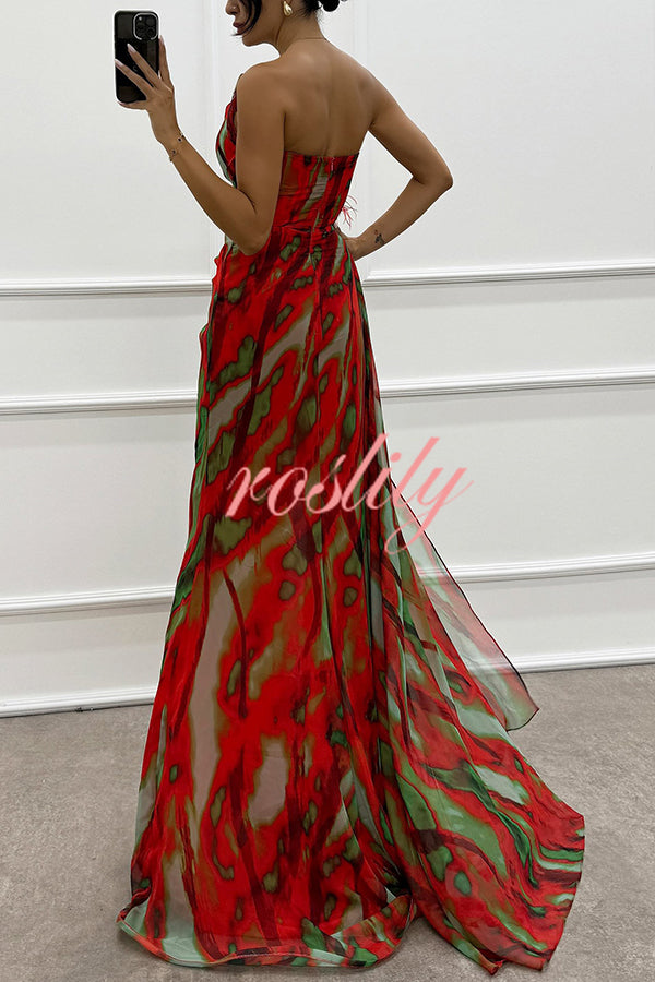 Amazing Views Watercolor Print Feather Rose Detail Off Shoulder Pleated Slit Maxi Dress