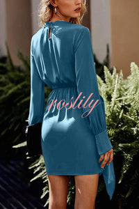 Satin Round Neck Long Sleeve Elastic Tie Mini Dress